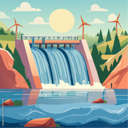 Stylized vector illustration of hydroelectric power generation, dam, reservoir, and turbines
