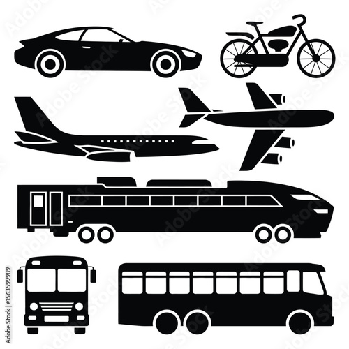Black silhouette vector set of various transportation vehicles including car motorcycle airplane bus and train