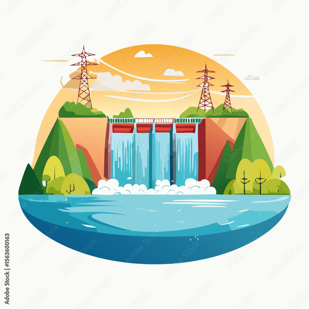 Fototapeta premium Stylized vector illustration of hydroelectric power generation, dam, reservoir, and turbines