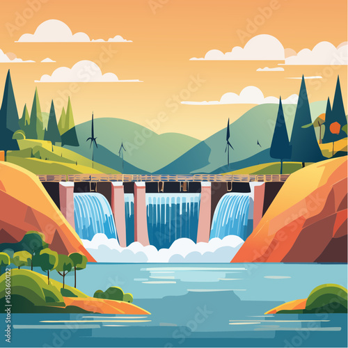 Stylized vector illustration of hydroelectric power generation, dam, reservoir, and turbines