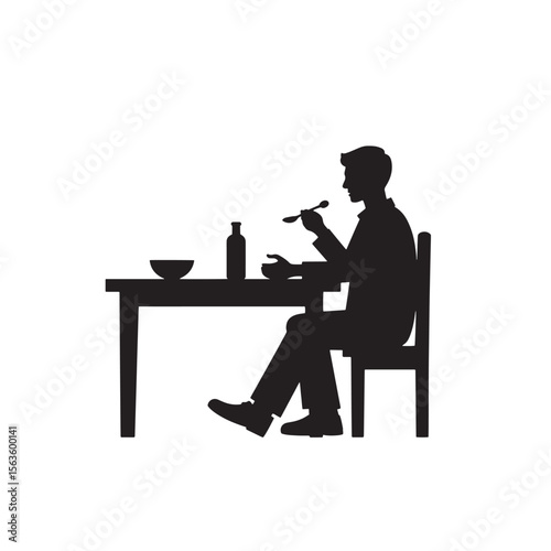 Black Silhouette Vector of Person Sitting and Eating with Spoon at Table in Daily Mealtime Scene on White Background Full Ultra HD