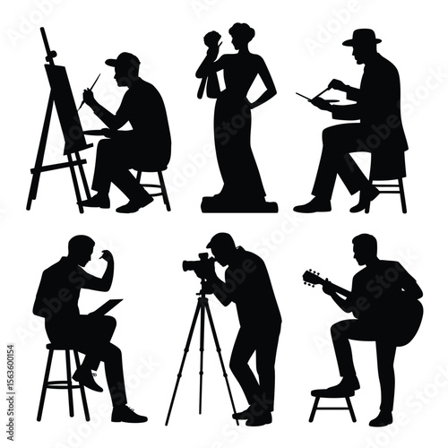 Black silhouettes of artists including painter sculptor photographer and musician on white