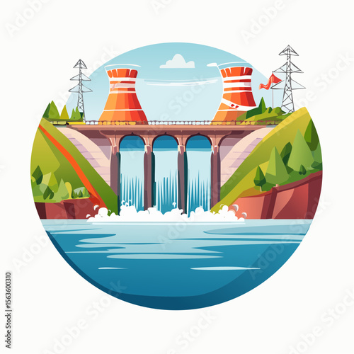 Stylized vector illustration of hydroelectric power generation, dam, reservoir, and turbines