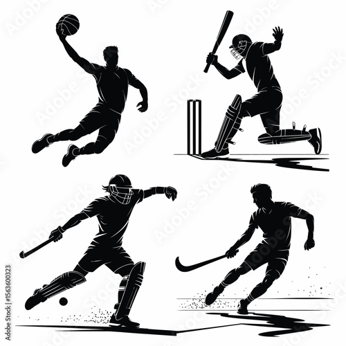 Black silhouettes of athletes playing basketball cricket hockey and field hockey on a white background