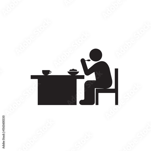 Black Silhouette Vector of Person Sitting and Eating with Spoon at Table in Daily Mealtime Scene on White Background Full Ultra HD