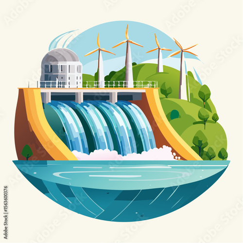 Stylized vector illustration of hydroelectric power generation, dam, reservoir, and turbines