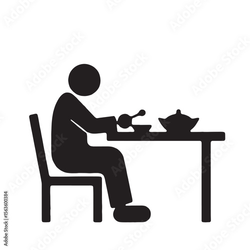 Black Silhouette Vector of Person Sitting and Eating with Spoon at Table in Daily Mealtime Scene on White Background Full Ultra HD