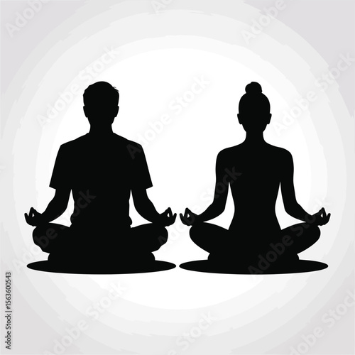 Black silhouettes of a man and woman meditating in lotus position on a white background