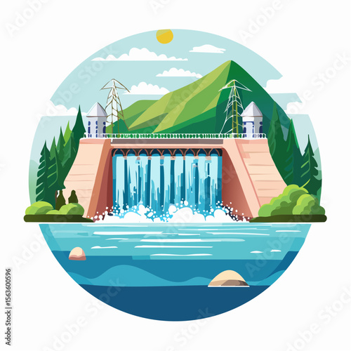 Stylized vector illustration of hydroelectric power generation, dam, reservoir, and turbines