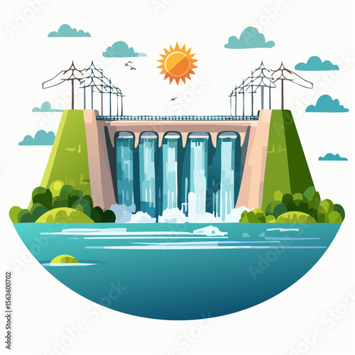 Stylized vector illustration of hydroelectric power generation, dam, reservoir, and turbines