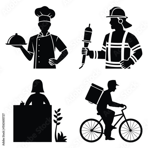 Black silhouettes of chef firefighter receptionist and delivery person on a bicycle