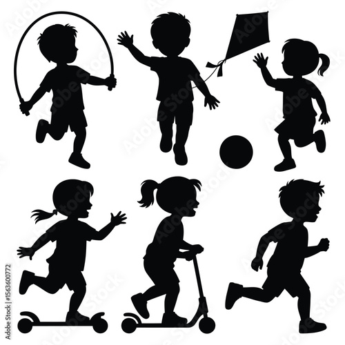 Black silhouettes of children playing with a jump rope kite scooter and ball on a white background
