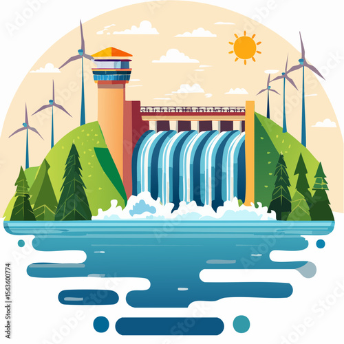 Stylized vector illustration of hydroelectric power generation, dam, reservoir, and turbines