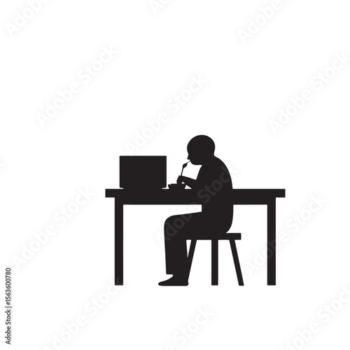 Black Silhouette Vector of Person Sitting and Eating with Spoon at Table in Daily Mealtime Scene on White Background Full Ultra HD