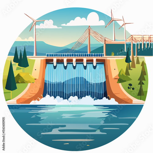 Stylized vector illustration of hydroelectric power generation, dam, reservoir, and turbines