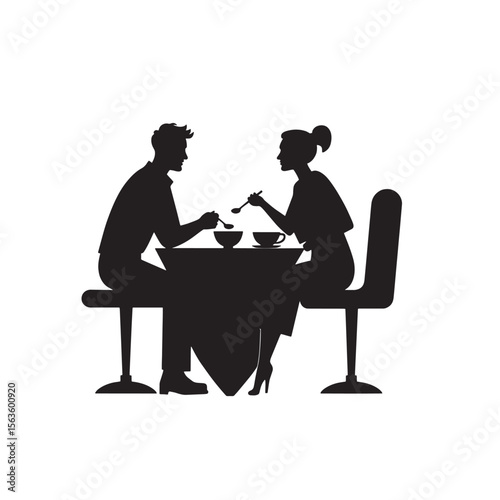 Black Silhouette Vector of Person Sitting and Eating with Spoon at Table in Daily Mealtime Scene on White Background Full Ultra HD