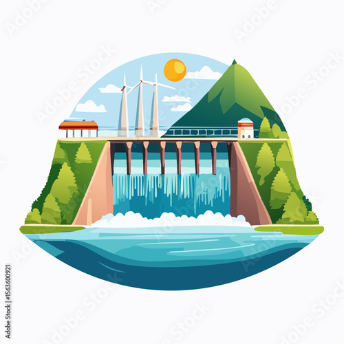 Stylized vector illustration of hydroelectric power generation, dam, reservoir, and turbines