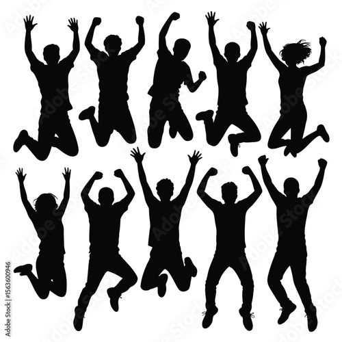 Black silhouettes of diverse people jumping with arms raised in the air