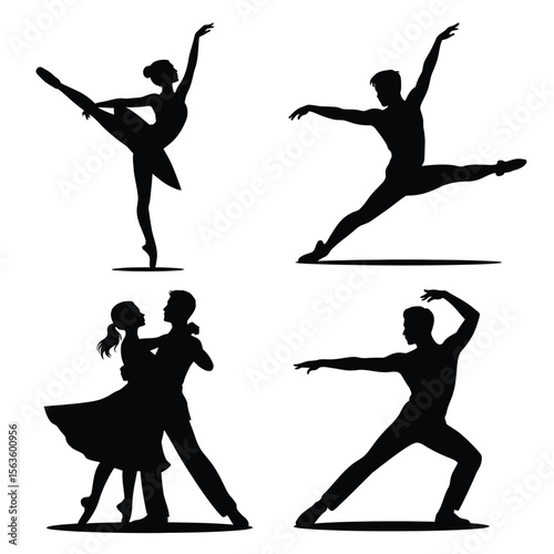 Black silhouettes of dancers performing ballet and ballroom dance poses on a white background