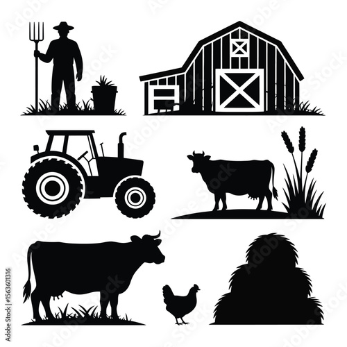 Black silhouettes of farm elements including farmer barn tractor cows chicken and hay bale on white