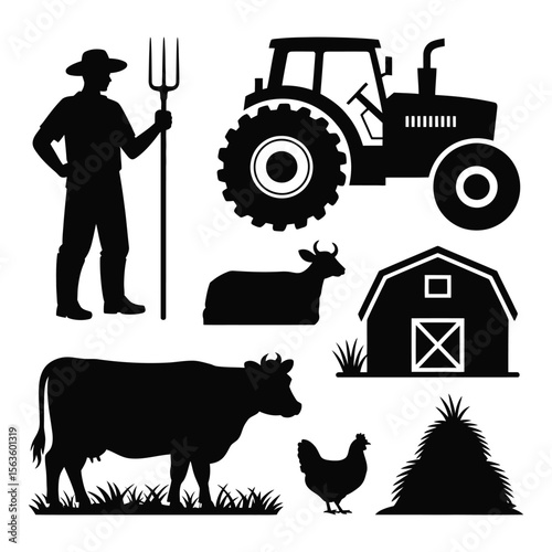 Black silhouettes of farm elements including farmer tractor cows chicken barn and hay bale on white