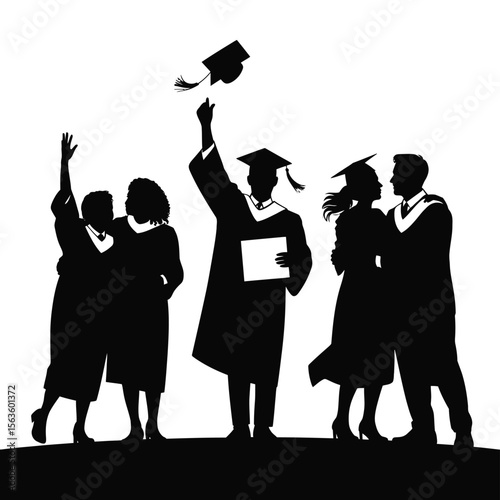 Black silhouettes of graduates celebrating graduation with mortarboards and diplomas on white