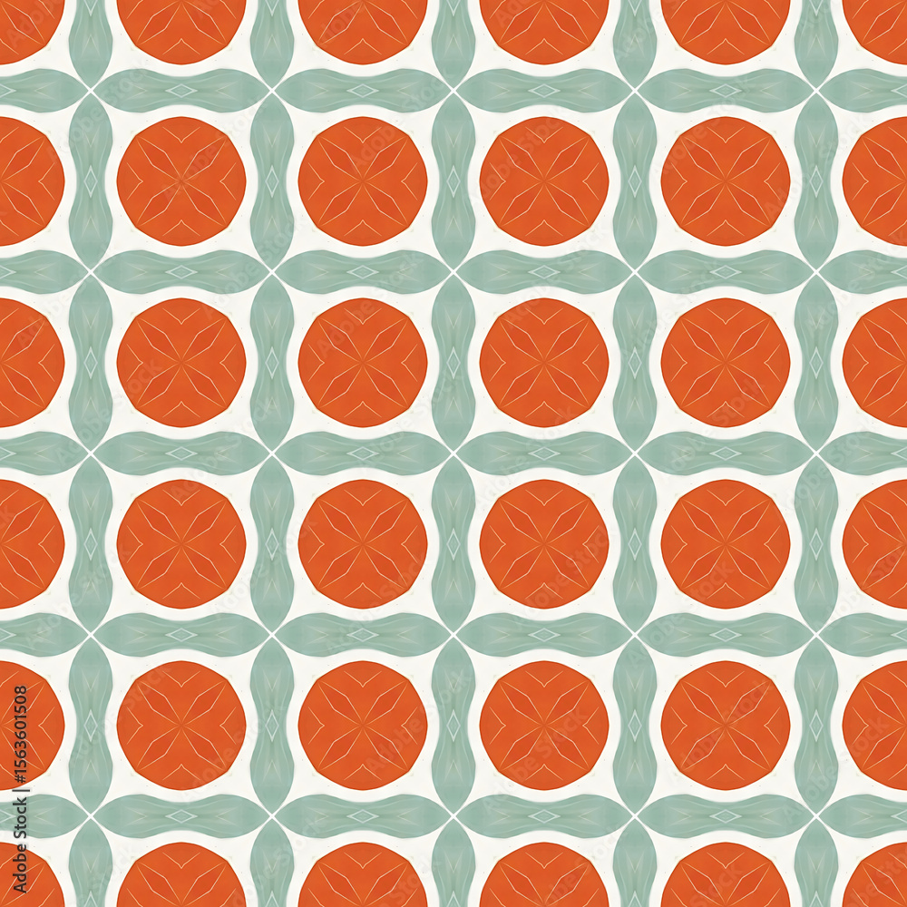 Fototapeta premium Mid-Century Modern Geometric Pattern with Circles. Retro Seamless Pattern with Orange and Sage Green. Playful Vintage Style Abstract Background Design. 