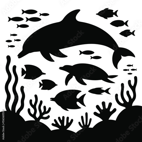 Black silhouettes of marine life including dolphin fish and coral on a white background