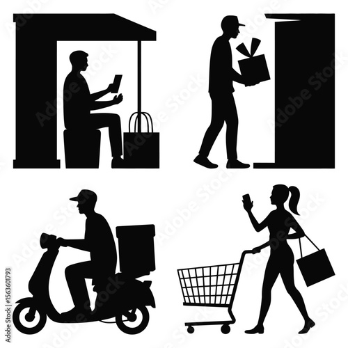 Black silhouettes of online shopping activities including delivery and customer interactions