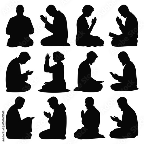 Black silhouettes of people in prayer or meditation on a white background