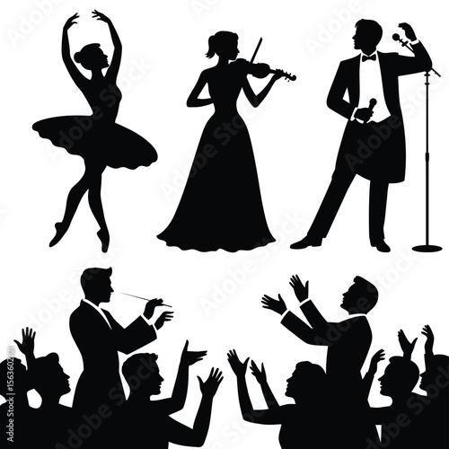 Black silhouettes of performing arts figures including a ballerina violinist singer conductor and audience