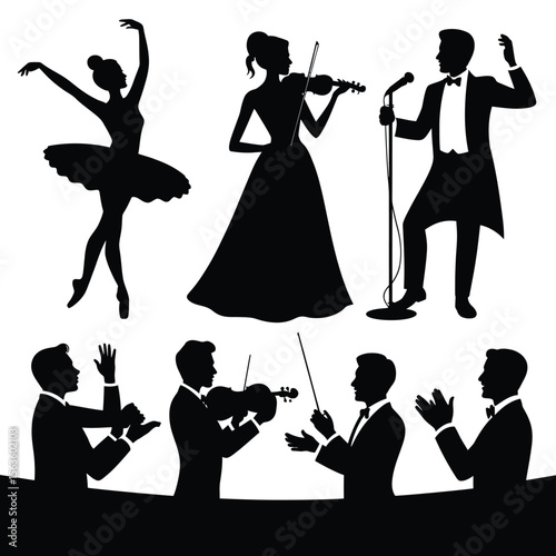 Black silhouettes of performing arts figures including ballet dancer violinist and conductor