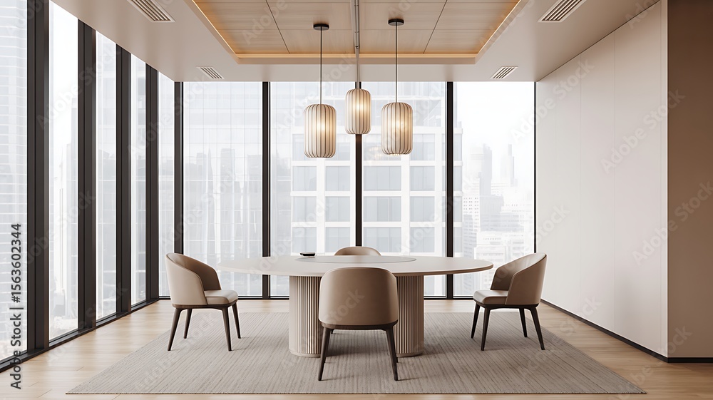 Fototapeta premium Modern conference room with oval table and chairs minimalist