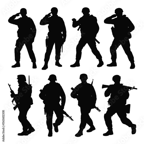 Black silhouettes of soldiers in various poses saluting and holding weapons