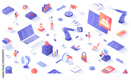 Software Development and Programming. Engineering, Coding, Data Processing. Tiny people programming APPs for different devices. 3d isometric concept for web. Vector illustration.