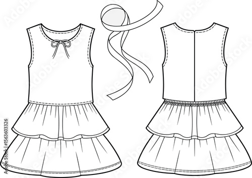 Charming Girls' Sleeveless Tiered Ruffle Dress with Neck Tie Detail, Fashion Flat Sketch for Kids' Apparel Design and Production, Vector Illustration"