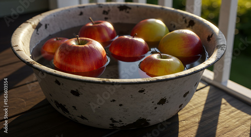 Macro shot of vintage enamel apple bobbing tub with patina on porch steps during golden hour, high-key backlight rim glow with water reflections, nostalgic autumn scene with copy space