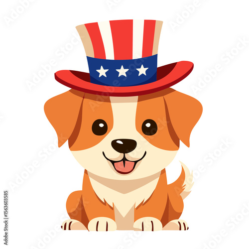Cute Cartoon 4th of July Dog Wearing a American Uncle Sam Hat  Isolated on a transparent Background