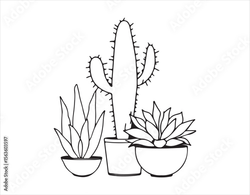 Linear artwork of potted home plants like succulents and cacti, isolated on a clean white background.

