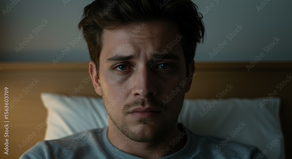 Young man sits in bed, lost in pensive thought, his expression conveying sadness and contemplation. Young man sits in bed, lost in pensive thought, his expression conveying sadness and contemplation.