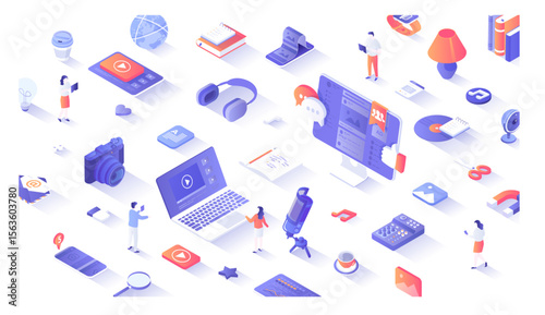 Social Media Content Creating. Communicating online, surfing profiles, likes photo, sharing. Bloggers and influencers create posts for social networks. 3d isometric concept for web Vector illustration
