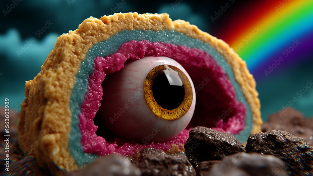 Obraz premium Surreal dessert with embedded eyeball and rainbow background