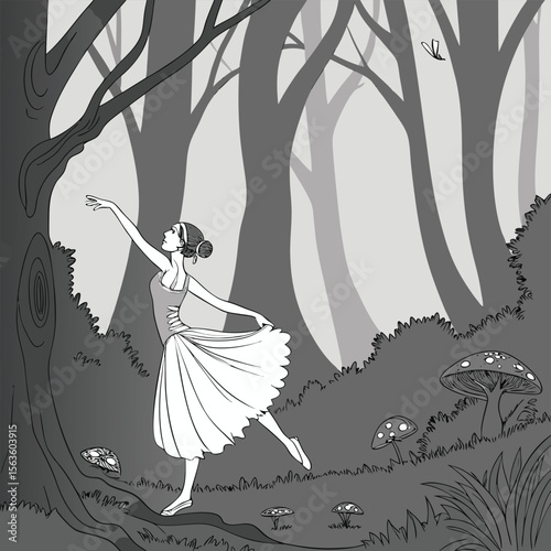 Ballerina Silhouette Leaping in Monochrome Forest jump