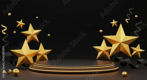 Elegant gold stars and ribbons adorning a sleek black pedestal for product display