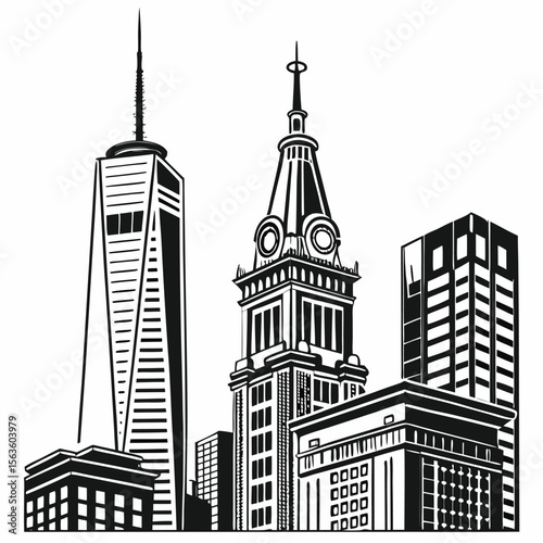 Black and White City Skyline Silhouette Featuring Skyscrapers and Clock Tower