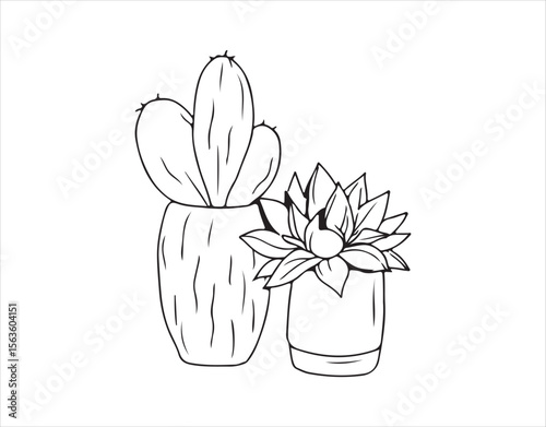 Elegant one-line sketch of indoor cactus and succulent plants in pots for modern design projects.










