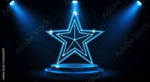 Illuminated star with glowing lights on a pedestal under bright spotlight