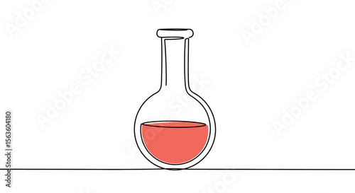 Minimalist line art vector illustration of a round flask with red liquid for science and education design