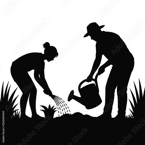 Silhouette Illustration of Two People Gardening with Watering Can and Hose on White