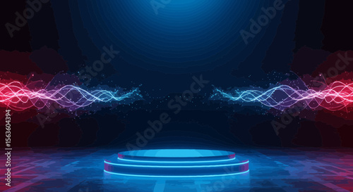 Futuristic product showcase with vibrant neon lights and dynamic energy waves